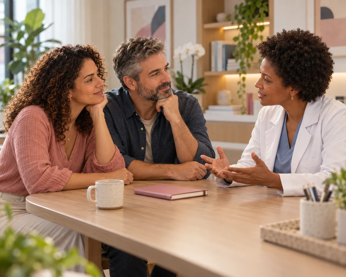 Casal conversa com a médica no consultório, com um caderno sobre a mesa.