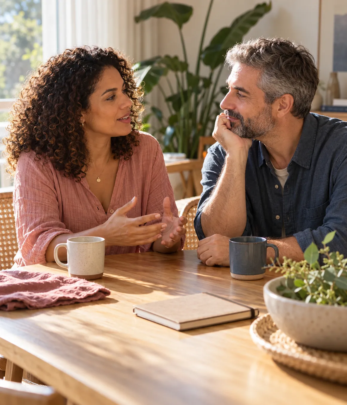 Casal conversa à mesa, com canecas e um caderno, em uma sala iluminada pelo sol.